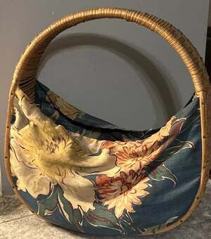 Vtg Rattan Wicker Handbag Purse Fabric Sides. Blue Pink Floral Country Cottage